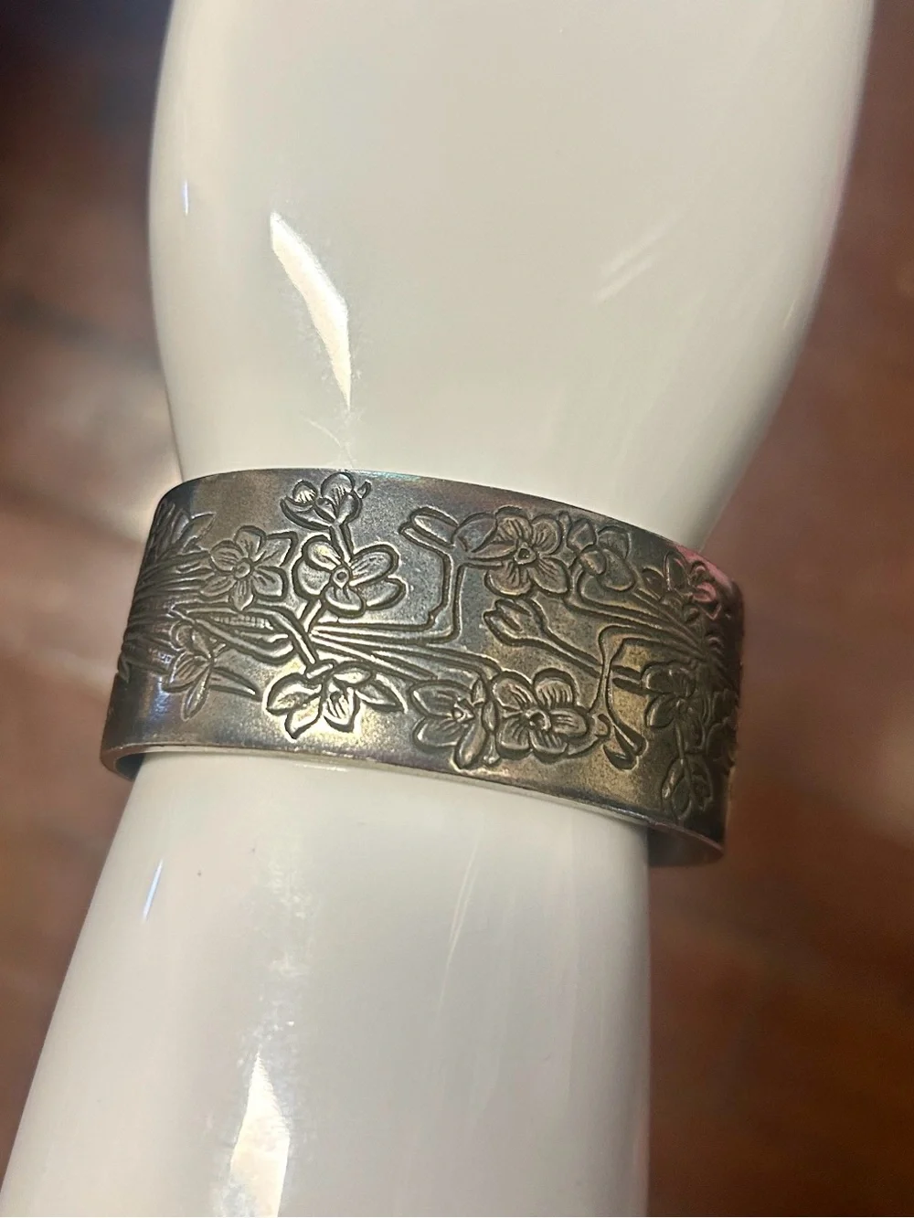 Floral Engraved Pewter Signed Wide Cuff Bracelet